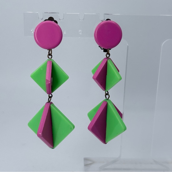 Germany Jewelry - Vtg Mod Clip On Earrings Pink Green Lucite Geometric Blocks W Germany